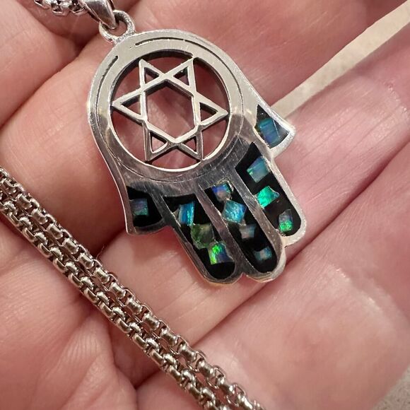 Sterling Silver Hamsa Pendant with Lab Opal & Star of David - Picture 4 of 6